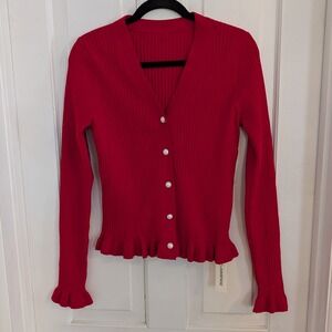 Commense Womens V-Neck Cardigan Sweater LARGE Valentines Day Pearl Buttons RED
